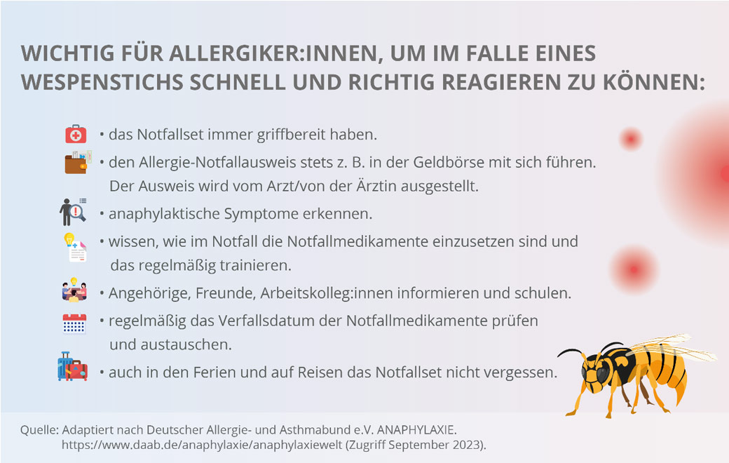 Übersicht mit wichtigen Hinweisen für Menschen mit Insektengift-Allergie.