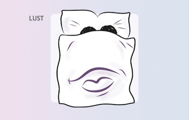 Lust. Gezeichnetes Bild von einem Bett, in dem zwei Menschen liegen.