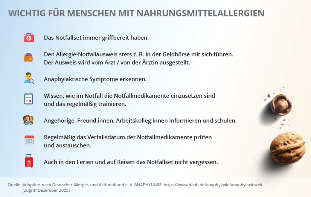 Übersicht mit wichtigen Hinweisen für Menschen mit Nahrungsmittelallergien.